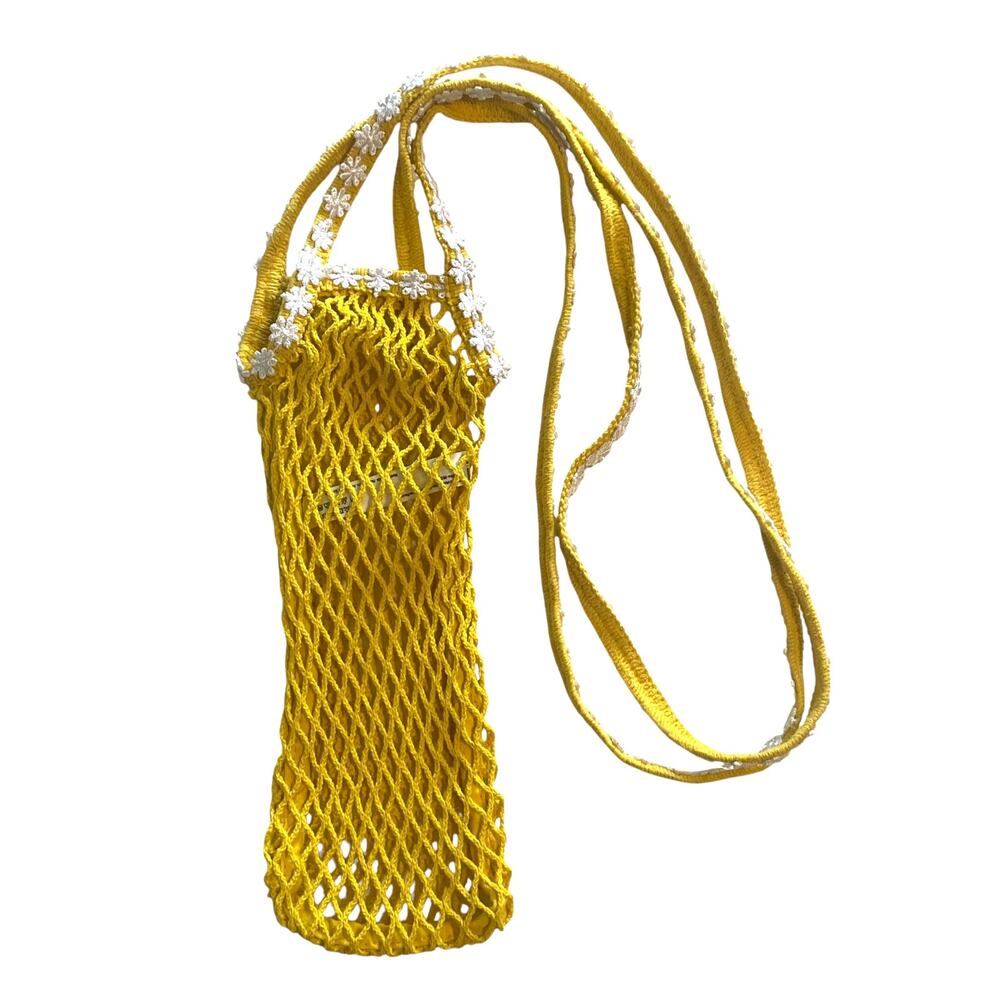 UO Urban Outfitters Bottle Carrier Yellow Daisy Trim Woven Market Bag Festival - Picture 2 of 9